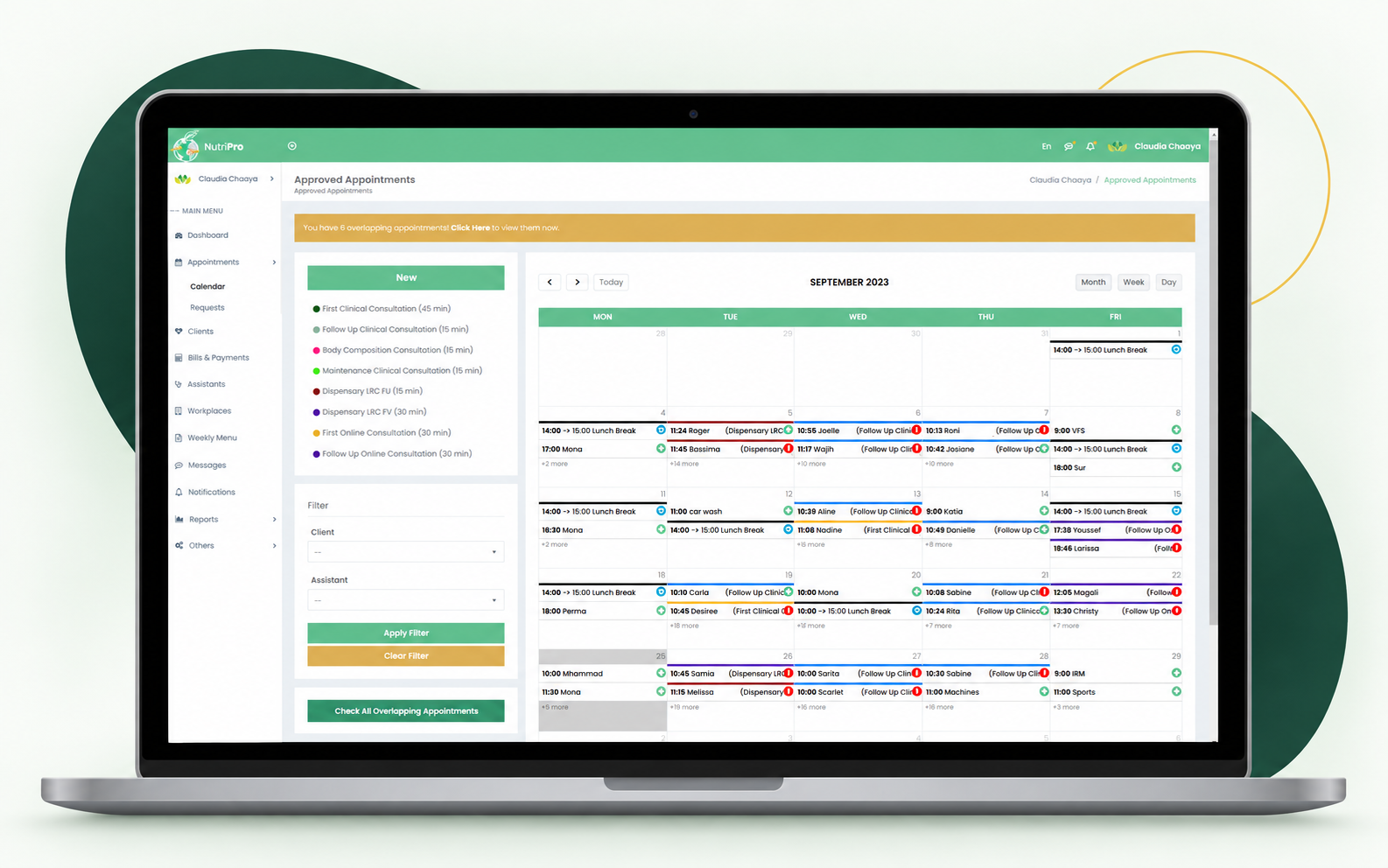 NutriPro appointment calendar interface